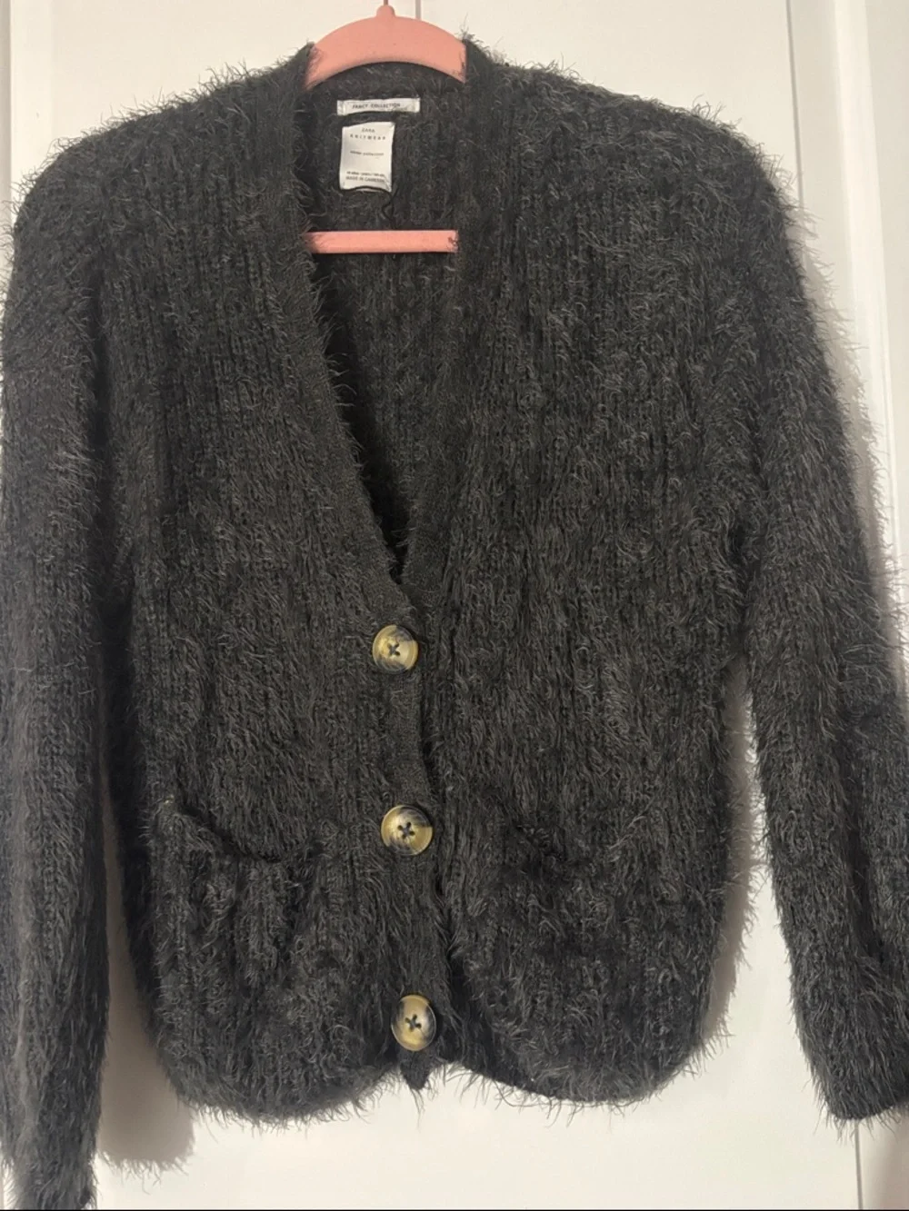 Zara Black Fuzzy Button-Up Women's Cardigan - Picture 2 of 2